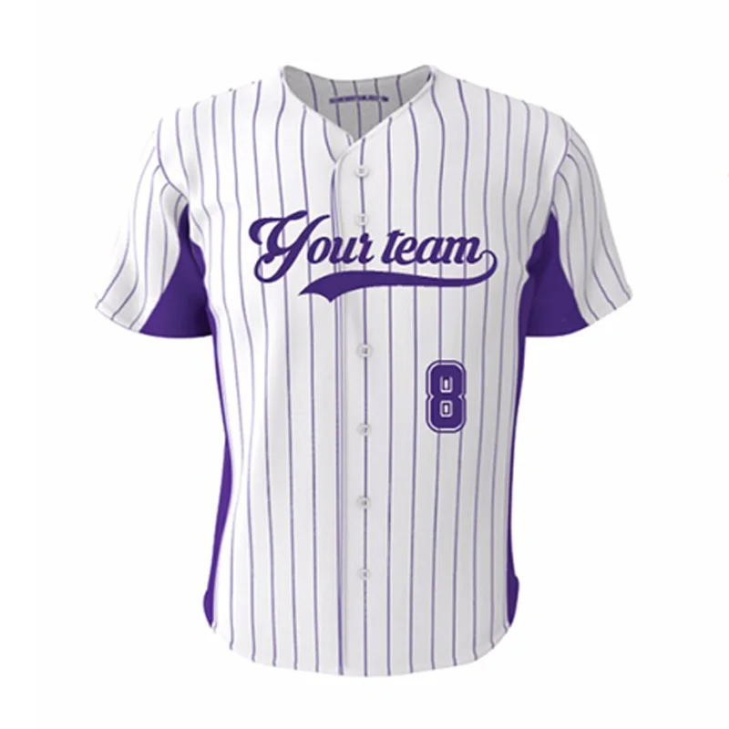 Fans Baseball Jersey Full Buttons Outdoor Sports Purple Stripes 8 Fit