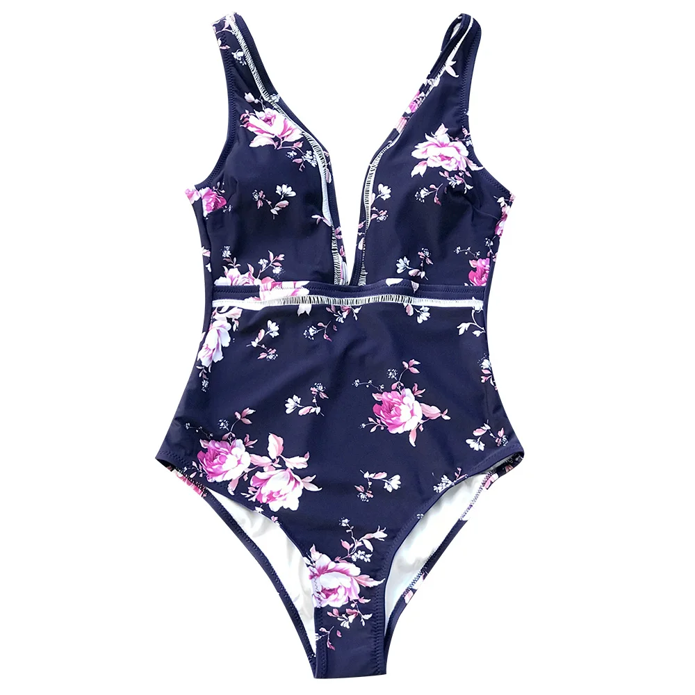 SEASELFIE Floral Print Hollow V neck One-Piece Swimsuit Women Purple Backless Monokini Swimwear Girl Beach Bathing Suits