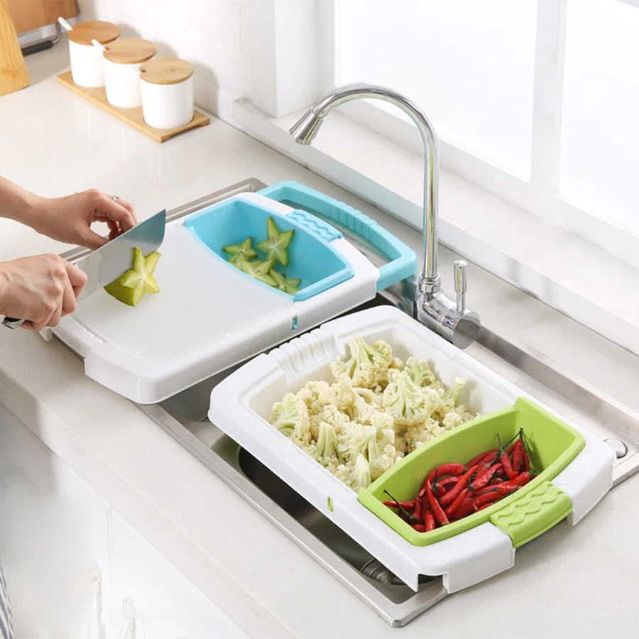 

4 in 1 Multi Function Folding Telescopic Food Chopping Block Cutting Board removable with drain basket kitchen accessories