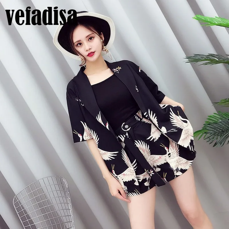 Vefadisa 2017 Verão Nova Cor Sólida Colete Bordado + Impressão Guindaste Sashes Shorts + Pássaro V Do Pescoço Solto Cardigan 3 pcs Set AL860