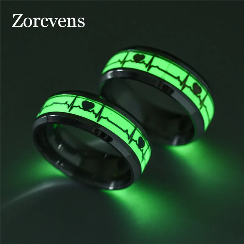 

ZORCVENS Brand 8mm Gold and Silver Stainless Steel Heart Shape Luminous Ring Glowing in Dark Couple Rings For Friends Gift