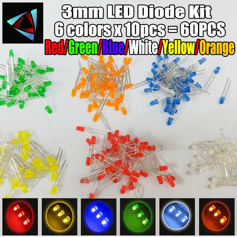 

60pcs (6 colors x 10pcs) White Red Green Blue Yellow Orange 3mm 20mA Diffused Light-Emitting Diode LED 3V Lamp Assorted Kit Set