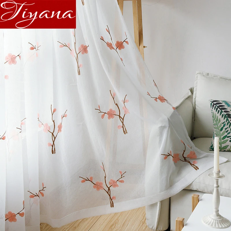 

Chinese Rustic Style Curtains for Living Room Plum Embroidery Tulle Curtain for Kitchen Cafe Sheer Fabrics X290#40