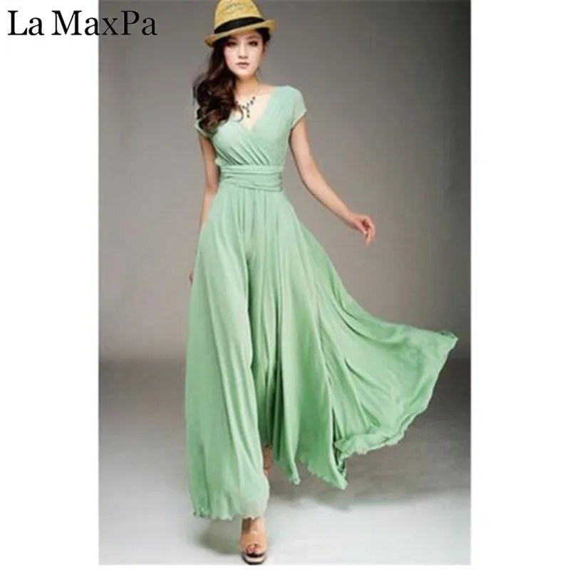 Womens Dress Bohemian Long Maxi Sexy Woman Maxi Long Summer Boho Beach Evening Party V-Neck Floor Length Chiffon Pleated Dresses