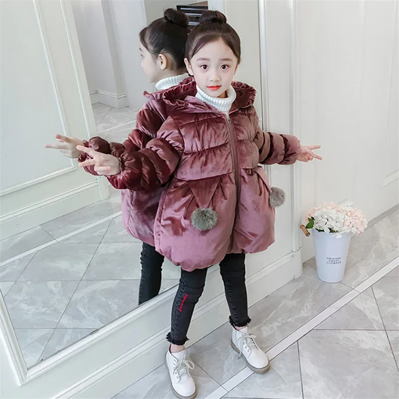 

New Baby Girls Winter Warm Coat Kids Jacket Fashion Cute Princess Bow Outerwear Hooded Cotton-padded Children Pleuche Clothes