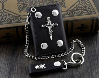 

Mens Boys Metal Skull Corss Rivet Punk Trifold Biker Wallet w/ Safe chain