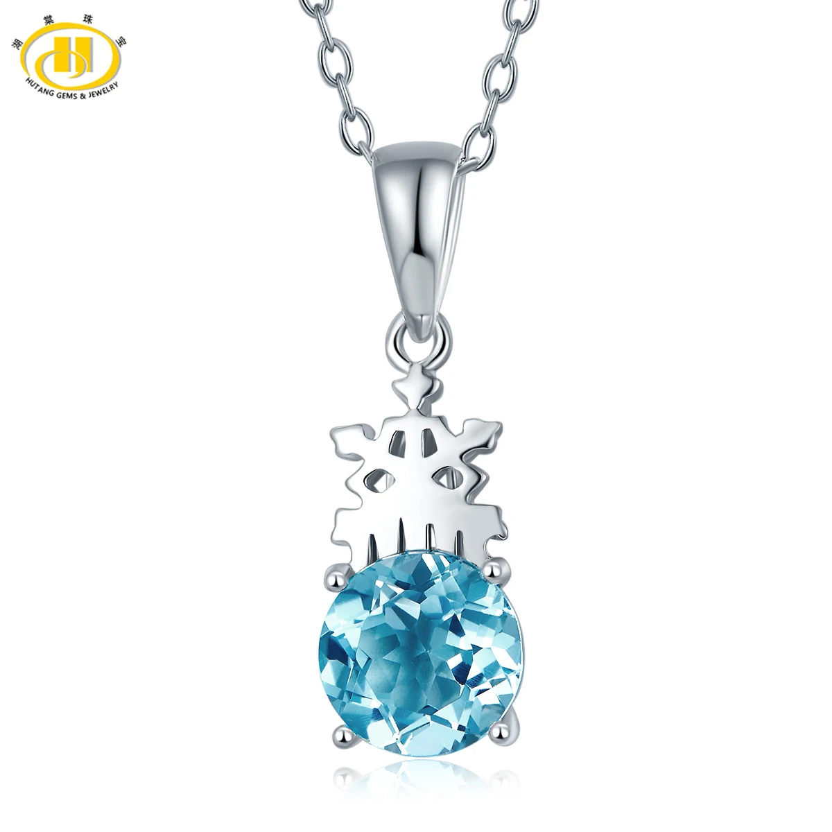 

Hutang Authentic 925 Sterling Silver Pendant Necklace Genuine Blue Topaz Gemstone Fine Jewelry Snow Flower Design Women's Girl's