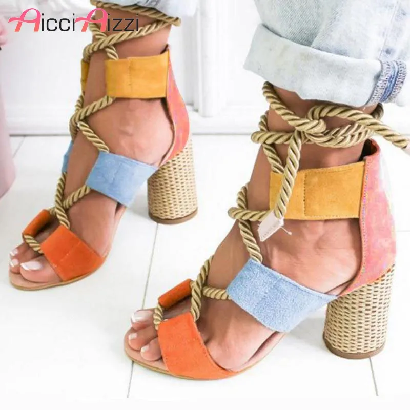 

ZALAVOR Size 35-43 Women High Heel Sandals Lace Up Mixed Color Summer Shoes Women Party Wedding Lady Casual Daily Footwear