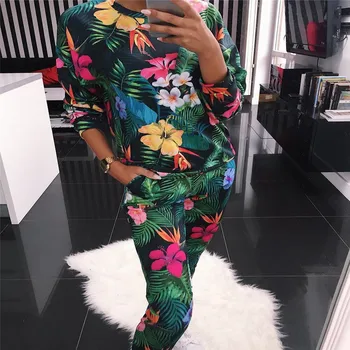 

Meileiya 2019 New Spring Floral print Tracksuit set women Autumn Animals Plant Print long sleeve hoodies Sweatshirt 2Pcs sets