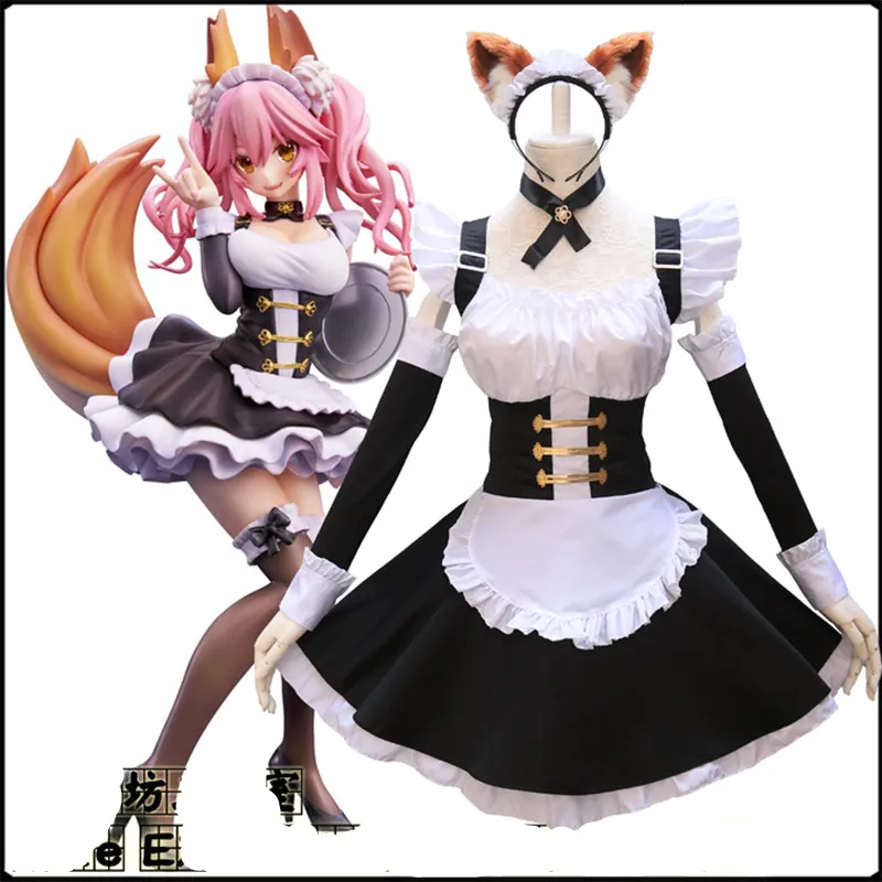 

Japanese Fate/EXTELLA Tamamo no Mae Cosplay Costume Anime Maid Cosplay Dress Spice and Wolf Tail and Ears Cosplay Set