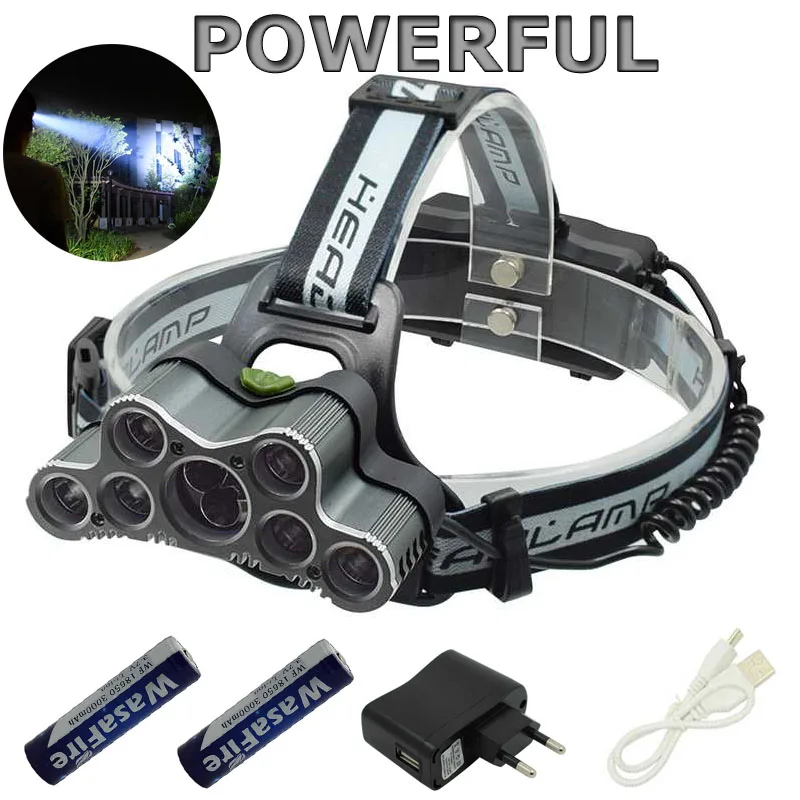 Мощный головной фонарь 9 LEDs Micro USB светодиодный налобный т6 со свистком кабель XML T6