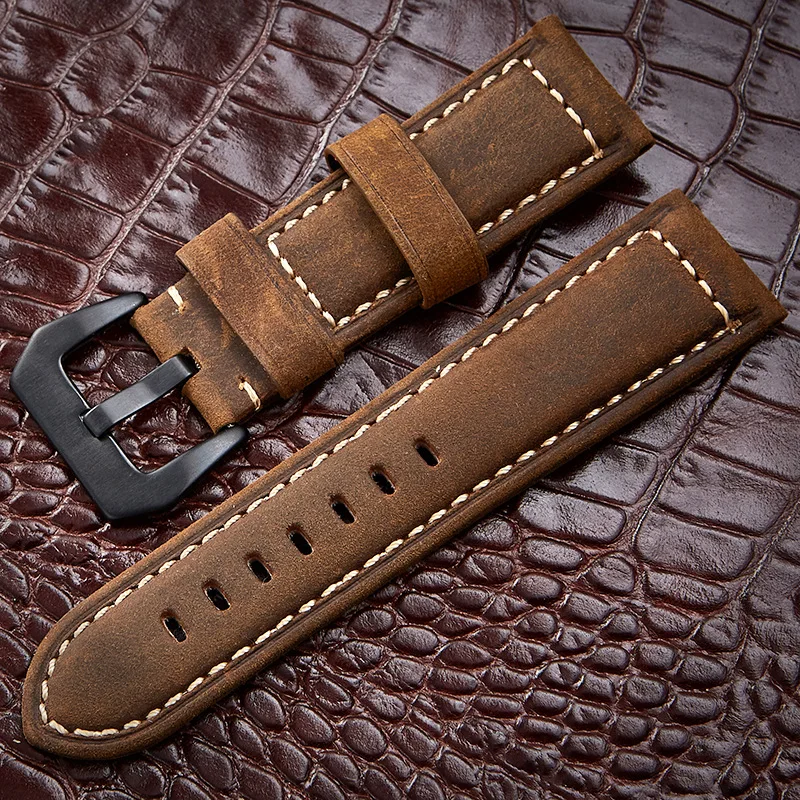 

Handmade Watch Accessories Vintage Genuine Leather Crazy Horse Leather 20 22 24 26mm Watchband Watch Strap Band For Pam