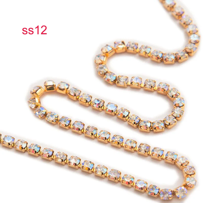 URORU Crystal AB Rhinestone Chain DIY Sew On Gold Base Density Trim Metal Cup Chains Accessories ss6 10yards/lot AM TAIDIAN - Цвет: ss12 ab gold