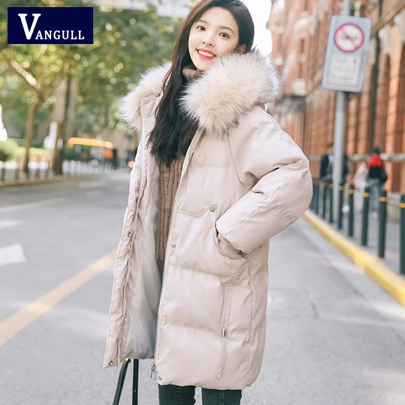 VANGULL Elegant Fur Collar Coat New Winter Thick Jacket Women Long Down cotton Parkas Female Warm Hooded Jacket Coat - Цвет: Бежевый