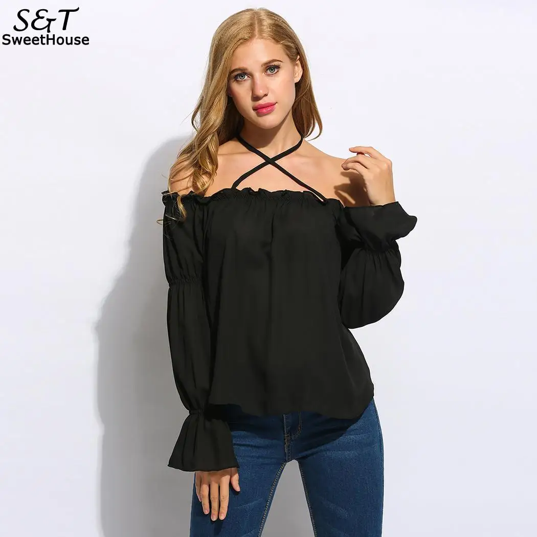 Tops Hasta Moda Blusas Mujeres Cuello Slash Gasa Encaje Blusa Otoño Black Mujer Camisa Nuevo Loose Hombro 2018 Off Halter agvIIqnR