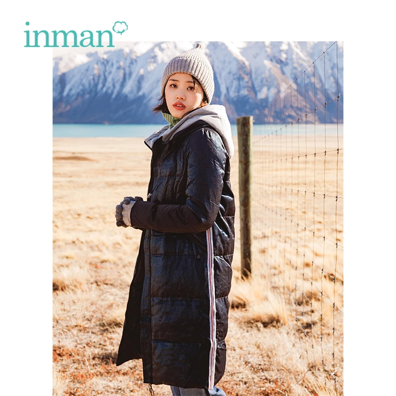 

INMAN Autumn New Arrival Female chic Style Contrast Color Hooded PatchWork Long Section Down Coat