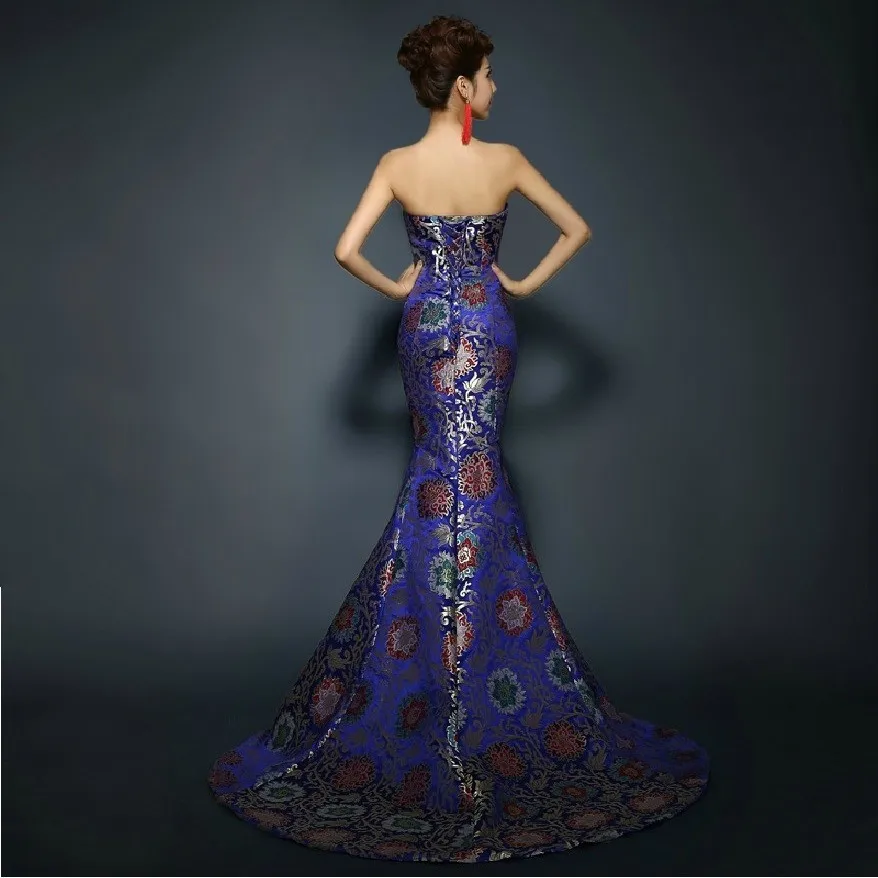 Tube top trailing royal blue fishtail cheongsam wedding dresses brocade long traditional chinese cheongsam wedding dresses (8)