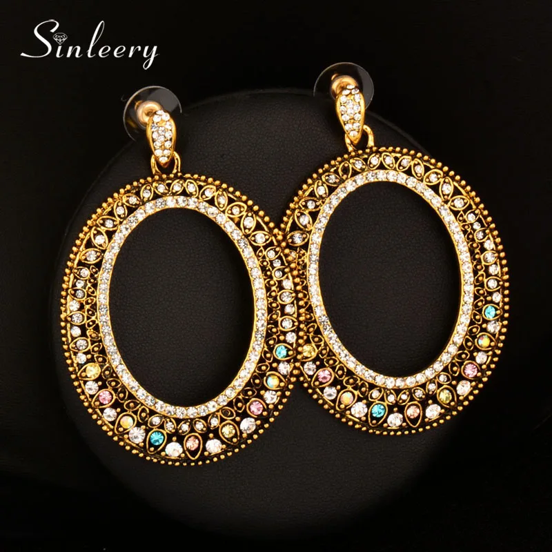 

SINLEERY Vintage Big Hollow Oval Dangle Earrings With Cubic Zirconia Women Party Accessories Jewelry ES161 SSH