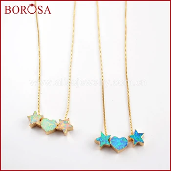 

BOROSA 3PCS 17inch Heart & Double Stars Gold Color White/Blue Japanese Opal Beads Pendant Necklace Women Druzy Jewelry G1574