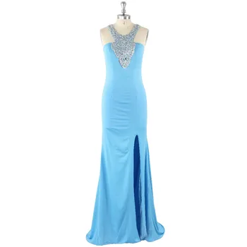 

Blue Beading Sequins Sleeveless Court Train Long Halter Satin Formal Evening Dresses 2017