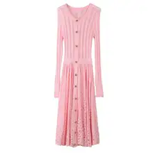high quality women winter runway fashion long sleeve warm knitted long maxi dress pink color with diamonds button