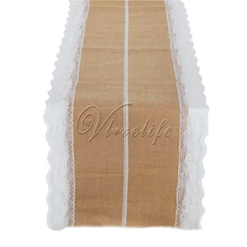 

5Pcs 40cmx275cm Delicate Natural Jute Table Runner with Pure white Lace Embroidery Linen Party Wedding Home Rustic Table Decor