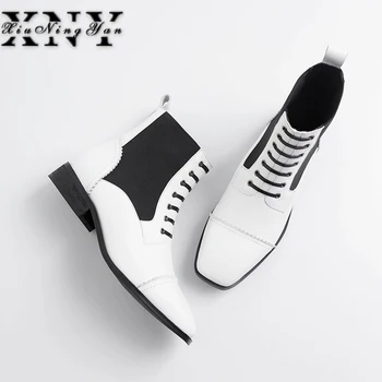 

Women Genuine Leather Boots Brogue Ankle Boots Fashion Lace Up Chelsea Low Heels Ladies Booties Autumn 2019 Ladies Office Shoes