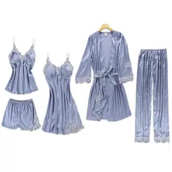 Летние пикантные атласные шелковые комплекты Gowm из 5 предметов, женские халаты из ледяного шелка с кружевами, kawaii, на тонких бретельках