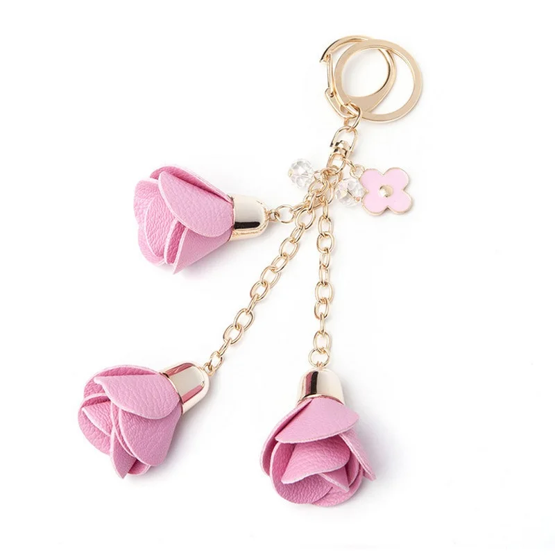New Charm Fashion Leather Rose Flower Keychain Cute Tassel Flower Key