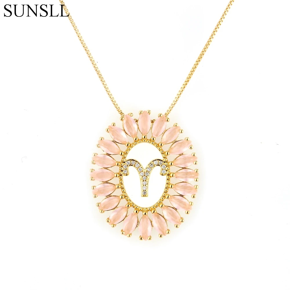 

SUNSLL Golden Color Copper Pink Cubic Zirconia 12 Constellation Pendant Necklaces Women's Fashion Jewelry Cobre CZ Colar