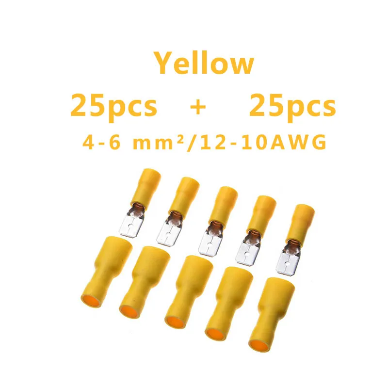 6.3mm 22-16 16-14 12-10AWG Female Male Electrical Wiring Connector Insulated Crimp Terminal Spade FDFD MDD1.25-250 2.5-250 5-250 - Цвет: 50pcs 25sets yellow