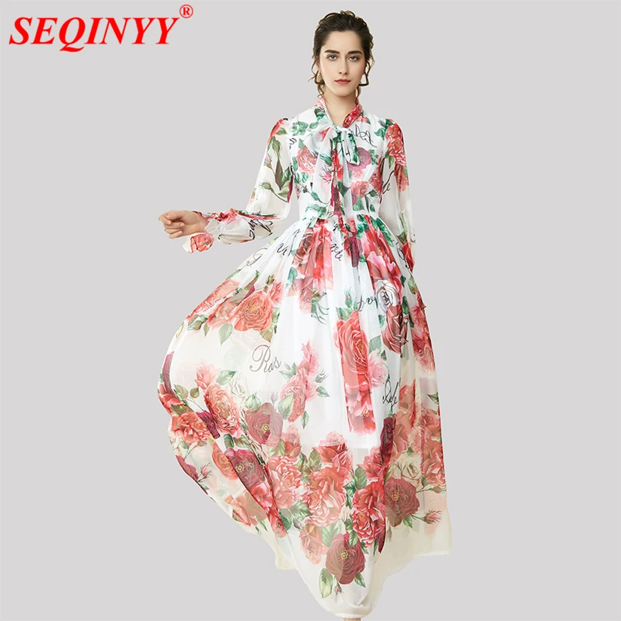 

Flowers Print Chiffon Dress Women 2018 Spring High End Long Puff Sleeve Plus Size 5XL Empire Big Hem Roses Print New Maxi Dress