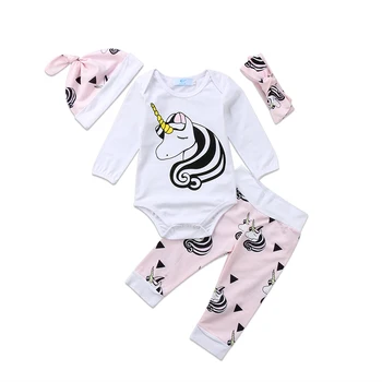 

4PCS Set Newborn Baby Girl Unicorn Outfit Long Sleeve Cotton Romper Tops Long Pant Trouser Headband Hat Baby Clothing Set 0-24M