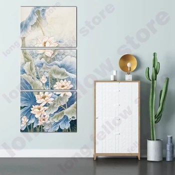 

Vintage Home Decorations 3 Panels Blue Chinese Painting Canvas Print Zen Retro Lotus Flowers Artwork for Living Room Wall Decor