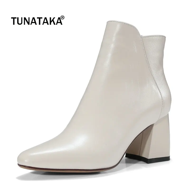 

Genuine Leather Comfort Square Heel Side Zipper Woman Ankle Boots Fashion Pointed Toe Dress Boots Ladies Black Beige