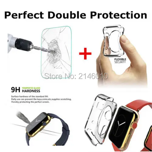 

Full Protect Tempered Glass+Clear Soft Case Cover For Apple Watch iWatch 38/42mm