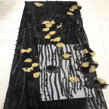 

HFX Black/Yellow Embroidery French Lace African Net Lace Fabric 3d Lace Fabric 2018 High Quality Lace Bridal Tulle Fabric X1341