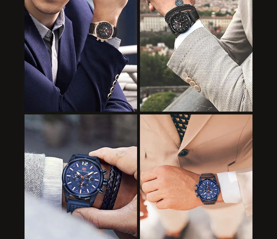 MINIFOCUS Роскошные Брендовые мужские часы из натуральной кожи, водонепроницаемые мужские часы с календарем, аналоговые кварцевые часы для мужчин
