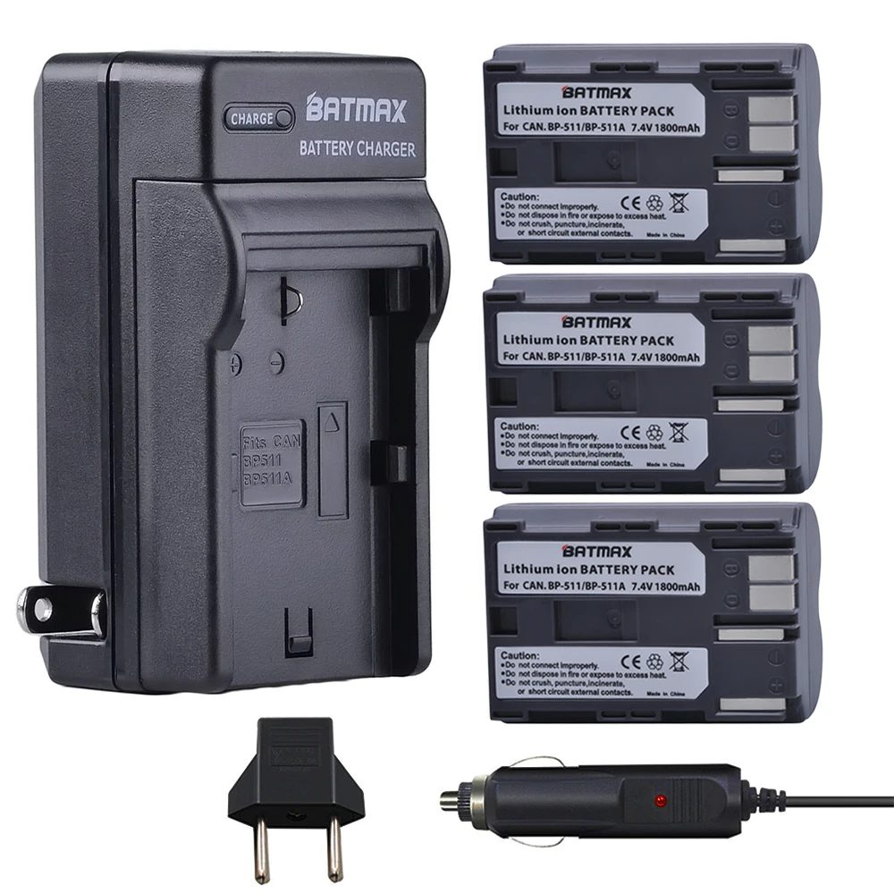 

Batmax 3Pc BP-511A BP 511A BP511A BP-511 Camera Battery+Car Charger for Canon EOS 300D 10D 20D 30D 40D 50D D30 D60 5D G6 OS 30D