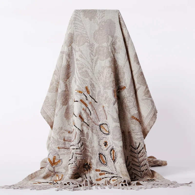 

high quality Nepal style handmade flowers beige embroidery beaded pipe sequins wool scarf Shawl size:70*190cm(dry cleaning)