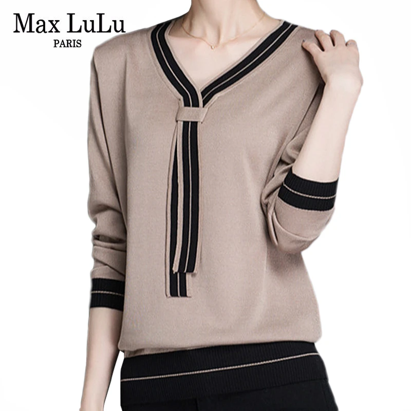 

Max LuLu Winter Fashion Korean Style Vintage Wool Knitwear Womens Cotton Knitted Sweaters Striped Warm Female V Neck Pullovers