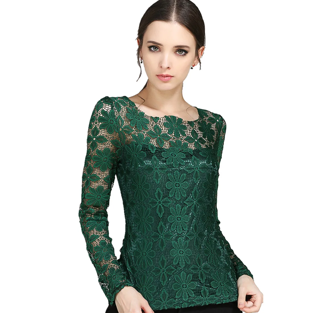 

New 2017 Fashion Plus Size Long Sleeve Crochet Body Lace Shirt T Shirt Women Elegant Vintage Female Shirt t-shirts