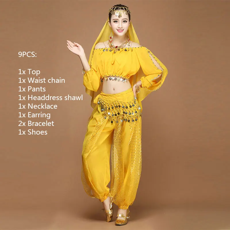 Индийский танцевальный костюм для танца живота Летний топ с длинными рукавами+ брюки наряды для танца живота женские упражнения аксессуары - Цвет: 9Pcs