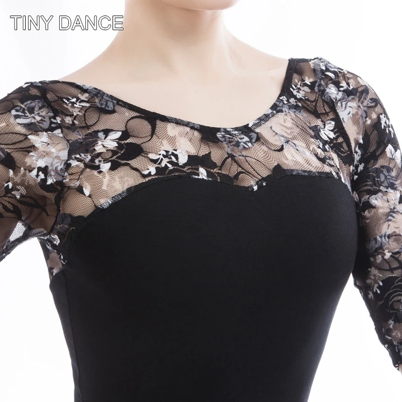 Черное хлопковое балетное трико средней длины с рукавами+ длинные кружевные юбки, балетный/Лирический танцевальный костюм, DF020+ 021