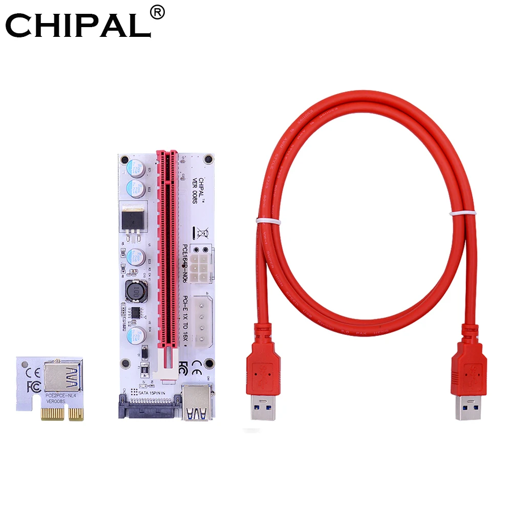 

CHIPAL 10PCS VER008S 100CM PCI-E Riser Card with 4pin 6pin SATA 3in1 Molex Power PCIe 1X to 16X Extender for BTC BCD LTC Miner