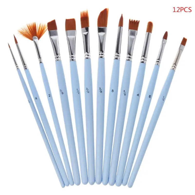 

12x Artist Paint Brush Set Nylon Hair Watercolor Acrylic Oil Painting Supplies Crafts Matte Blue Wooden Handle Painting Brush