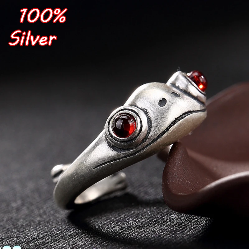 S990 Sterling Silver Vintage Gold Toad Inlaid Garnet font b Ring b font Open Women Silver