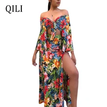 QILI Women Beach Dress Leaves Floral Print Split Long Sleeve Two Piece Set Casual Dresses Sexy High Split Long Maxi Dress QILI Women Beach Dress Leaves Floral Print Split Long Sleeve Two Piece Set Casual Dresses Sexy High Split Long Maxi Dress