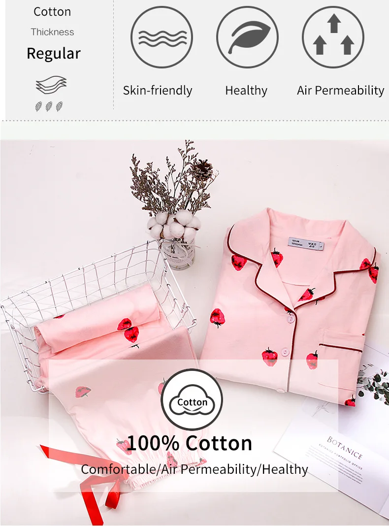 Women Spring Autumn Pajamas Set 2pcs Long Sleeves Button-Down Strawberry Print Pink Cotton Pajamas Suit Sleepwear Homewear