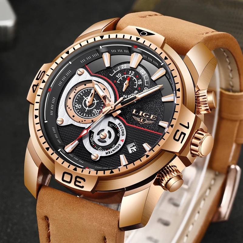 

Relogio Masculino LIGE Mens Watches Top Brand Luxury Gold Wristwatch Men Business Leather Military Waterproof Sport Quartz Watch